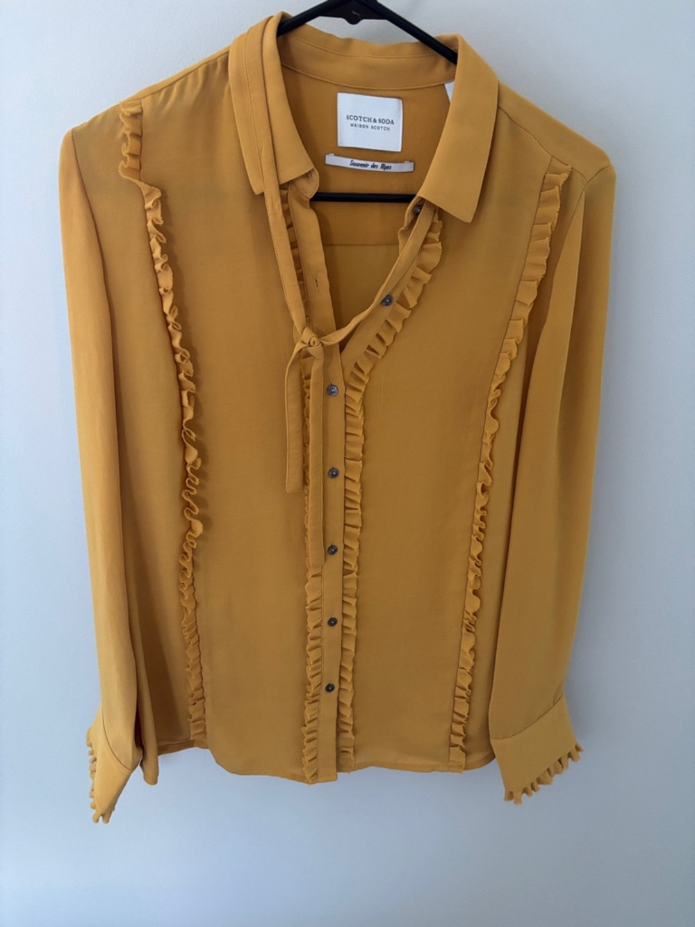 Scotch & Soda Mustard Ruffle Tie-Neck Blouse S